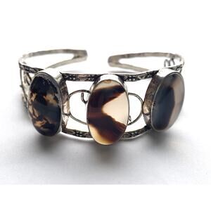 VTG 925 Sterling Silver Triple Montana Moss Agate Large Cuff Southwest